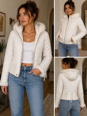 Bebe White Quilted Faux Fur Trim Puffer Jacket ❄️✨